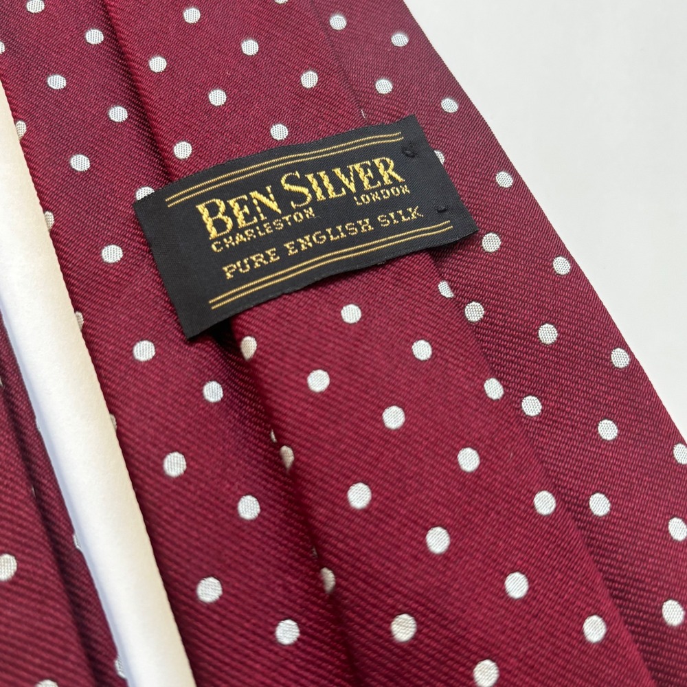 Ben Silver Tie Burgundy Polka Dot Jacquard Pure English Silk Preppy Luxury